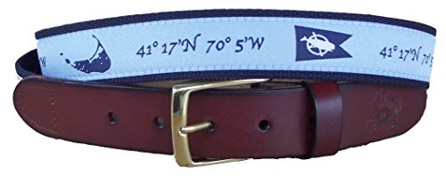 Nantucket Island Flag and Nantucket Island with Mapping Coordinates Leather Belt, Nautical Leather Belt