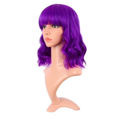 Image of MapofBeauty 14 Inch /35 cm Short Wavy Curly Women Fresh Bright Synthetic Ordinary Flat Bangs Bob Wig (Bright Purple)