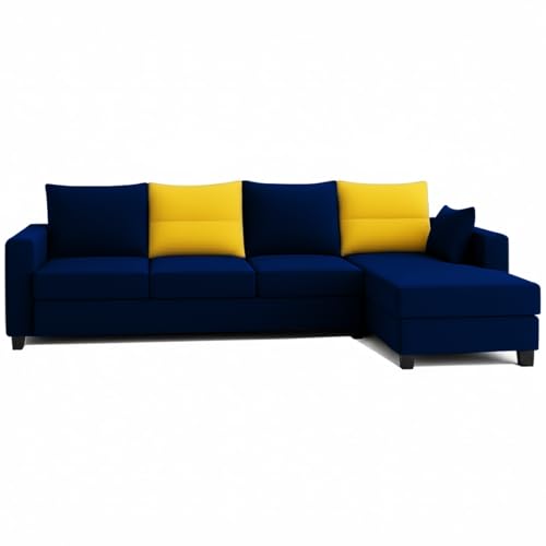 Image of CASASTYLE Texon 5 Seater Fabric RHS L Shape Sofa Set (Yellow-Dark Blue) Velvet Finish | Comfortable Sectional Sofa Set