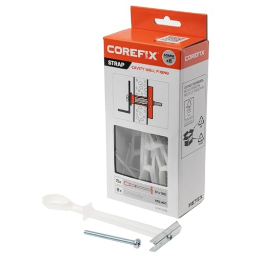 Corefix Strap Toggle Wall Anchor 8 Pack (M5x60mm), Heavy Duty Metal Universal Toggle for Drywall, Hollow Brick or Block. Secure Hold, Easy to Install & Adjustable Up to 1.3 Inches Deep.