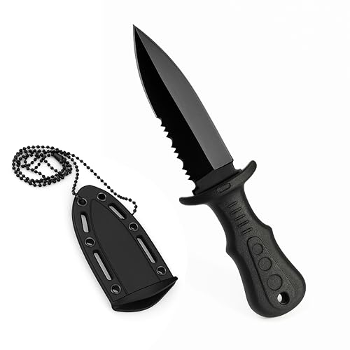 AYHYHLJZJ Neck Knife Messer Mini Outdoor Ketten Outdoor Messer Gürtelmesser Edelstahl mit Gezackt mit Kunststoffscheide und Kugelkette ideal für Selbstverteidigung und Abenteuer in der Natur