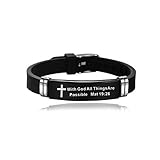 MZC Jewelry Black Cross Silicone Sport Bracelet for Men Women Religious Scripture Quote Stainless Steel Adjustable Engraved With God all things are possible Bracelet