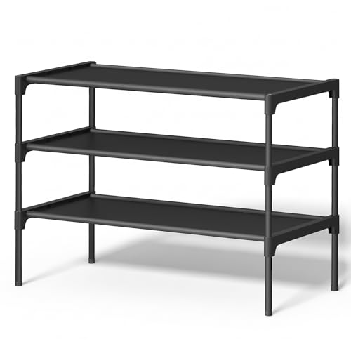 SONGMICS Shoe Rack, 3-Tier Shoe Storage Organizer, Space-Saving, 11.7 x 24.5 x 21 Inches, Entryway, Metal Frame, Non-Woven Fabric Shelves, Ink Black ULSH023BH01