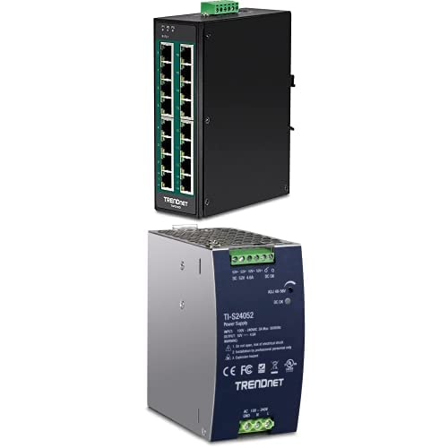 Image of TRENDnet Bundle 16-Port Hardened Industrial Unmanaged Gigabit 10 /100 /1000Mbps DIN-Rail Switch TI-PG160, 240W 52V DC 4.61A AC to DC DIN-Rail Industrial Power Supply TI-S24052