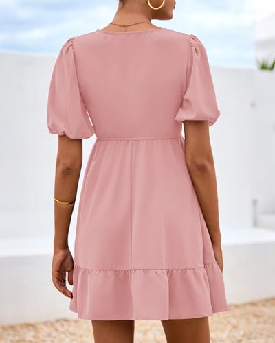 BTFBM Spring Empire Waist Dress for Women 2025 Summer Smocked Crewneck Puff Short Sleeve Beach Vacation Mini Dresses3