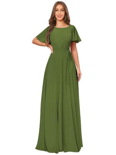 PSQZI Long Modest Bridesmaid Dresses with Flutter Sleeves Size 14