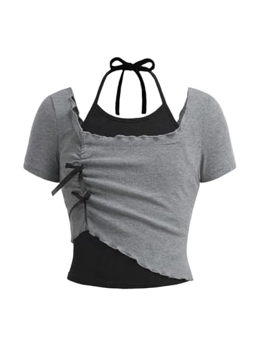 Girl's Halter Crop Tops Colorblock Bowknot Fake Two Piece Cute Summer T Shirt Y2k Tops Trendy