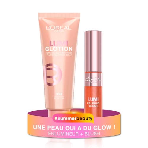 Duo Summer Glow – L’Oréal Paris – Lumi Glotion Teinte 902 + Blush Liquide Lumi Glowy Warm Peach - Joues Pulpeuses & Teint Lumineux