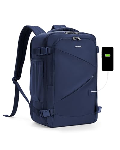 Image of ECOHUB 17 inch Small Unisex Travel Backpack United Airlines Approved 17x10x9 Friendly Suitcase Anti-Theft Lockable Zippers Style Personal Item Bag Travel Essentials with 12 Pockets Water Resistant, Blue