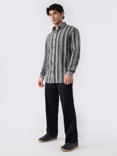 Image of The Souled Store Cotton Linen Stripes: Apricot Men and Boys Long Sleeves Collared Neck Orange Stripes Regular Fit Lightweight Comfortable Summer Cotton Linen Shirts
