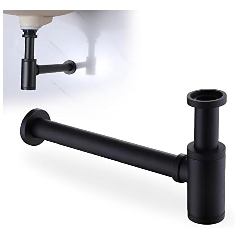 HAMOLER Round Bottle P-Trap 1 1/4 Adjustable Bathroom Basin Sink Waste Trap Drain Kit, Matte Black Cover