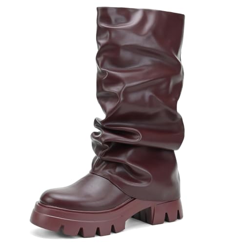 Kitulandy Women's Fold Over Boots Slouchy Platform Chunky Heels Ruched Mid Calf Boots by Kitulandy - Used condition - US$28.96