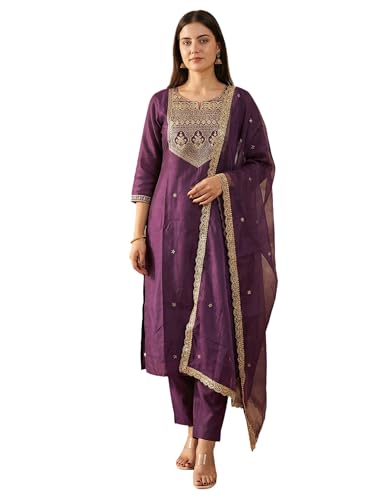 Image of INDO ERA Women's Cotton Solid Straight Kurta Palazzo With Dupatta Set