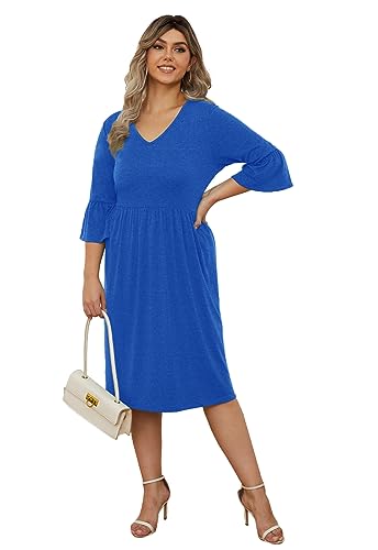 Image of Women's Plus Size 3 /4 Sleeve Casual Dress V Neck Spring Summer Tshirt Empire Waist Ruffle Midi Dresses