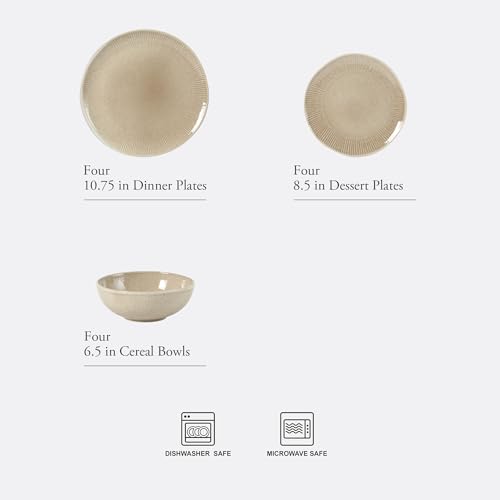 Gibson Elite Sandy Pines Stoneware Plates and Bowls Set - 12 Piece Reactive Glaze Dinnerware Set - Service for 4 - Dishwasher and Microwave Safe - Cream Taupe by Gibson Elite - Image 2