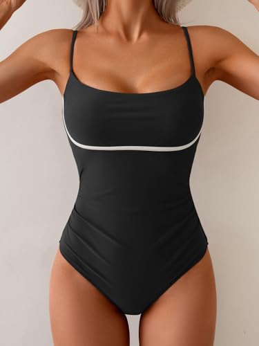 B2prity Womens One Piece Swimsuit Tummy Control Ruched Bathing Suit Color Block Swimwear with Adjustable Spaghetti Strap4