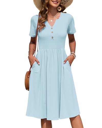 AUSELILY Vestido Verano Manga Corta Mujer Largo hasta La Rodilla Estilo Imperio Informal con Cuello en V Plisado y Bolsillos