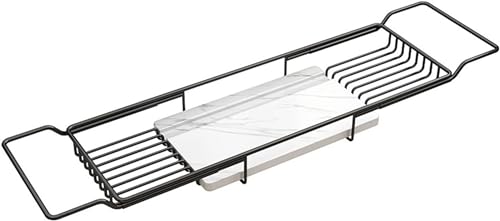 バスタブトレー ステンレス 伸縮60-100CM お風呂テーブル かびない バスタブラック 浴槽物置台 バスタブテーブル 浴槽上トレイ 浴槽スタンド 入浴剤収納 水切り シンク上 スマホ タブレット用 大容量 (黒・白大理石,長さ60-100cm*17幅*