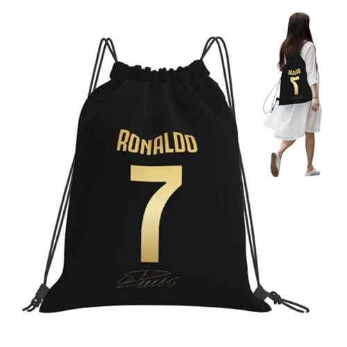 Onperpoe Borsa con coulisse numero 7 della leggenda del calcio, taglia media, zaino Ronaldo nero per ragazzi e uomini, borsa da calcio CR7 per palestra, spiaggia, scuola, vacanze, nuoto, viaggi, kit