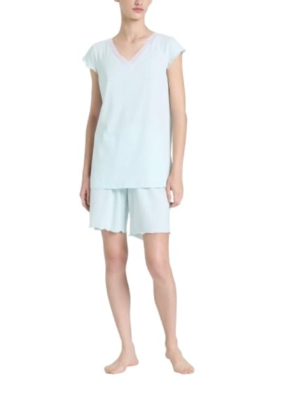 RAGNO Pigiama Donna Corto Casacca con Scollo a V, Maniche Corte Arricciate, Delicato Bordo sul Collo in Tulle. Pantalone Corto con Delicata Arricciatura Che richiama la medesima sulla Manica.