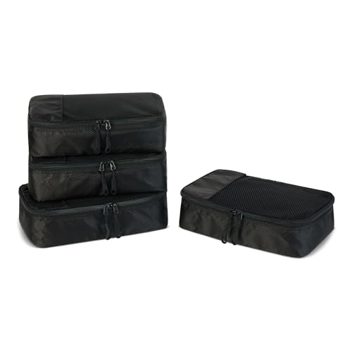Amazon Essentials 4-teiliges Packwürfel-Reisezubehörset, Gepäckorganizer mit Doppelreißverschluss, Netzoberseite, 100% Polyester, klein, schwarz (früher Amazon Basics)