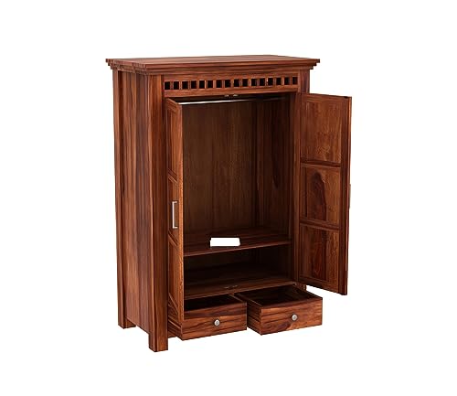 Image of Sheesham Wood Wooden 2 Door Wardrobe Organizer for Clothes | - Solid Wood Almirah with 2 Drawers, 2 Shelves - with Hanging Space Cupboard for Large Bedroom (Design 15)