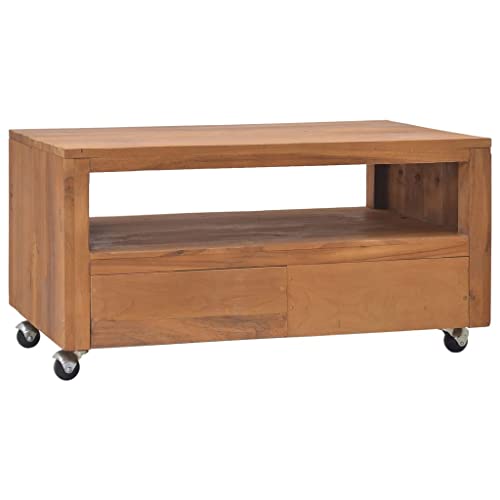 Tonture Meuble TV en Bois de Teck Massif avec roulettes 80x50x42 cm, Buffet Bas avec tiroirs, Support Rangement pour télévision, Salon, séjour, Design...