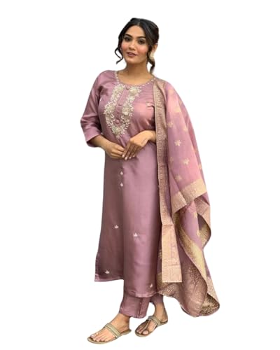 Shiv Textiles Embroidery Onion Kurta Trousers With Dupatta Striped Viscose Silk Blend Three-Quarter Sleeves Kurta Sets For Womens(Jd-Vanni-Onion-M)