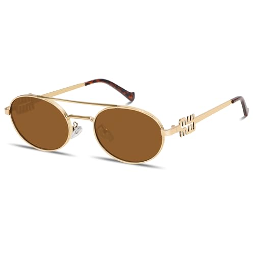Image of Rmerom Retro Gold Metal Oval 90s Sunglasses for Women Small Chic Sunnies | Trendy Narrow Sun Glasses UV400 protection 2026 Fashion Accessories Vacation Must Haves Travel Beach Outfits