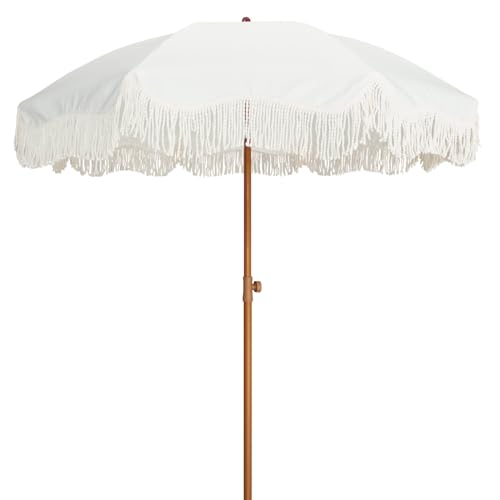 AMMSUN Boho Fringe Umbrella Outdoor Patio, 6.5ft UPF50+ Picnic Umbrella with Tassels with Steel Pole and Push Button Tilt, Antique White image 2