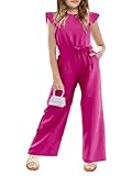 CharmWM Girls Jumpsuit Kids Fashion Cap Sleeve Belted Wide Leg Romper Dressy One Piece Outfits with Pockets