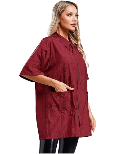 YiZYiF Damen Kittel Berufskleidung Friseur Hundefriseur Schürze Kurzarm Mit Tasche Für Barbier SPA Salon Haustierklinik Burgundy XL
