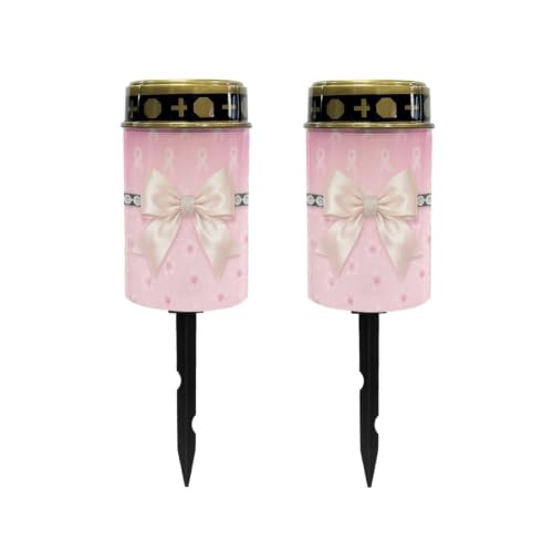 Image of Poceacles Outdoor Solar Lights Garden Cemetery Flameless Candle Water Resistant Pillar Candle Solar Garden Stake Lights for Cemetery Grave Decorations, Pink Ribbon Bow Cherry Blossom, Set of 2