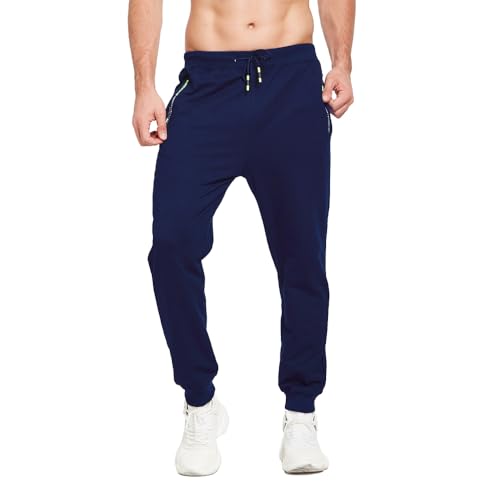 ZOXOZ Mens Joggers Tracksuit Bottoms Men with Zipped Pockets Cotton Elasticated Waist Slim Fit Sweatpants Blue XL