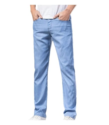 Men's Baggy Jeans Elastic Waist Thin Straight Denim Pants Dark Blue Classic Trousers