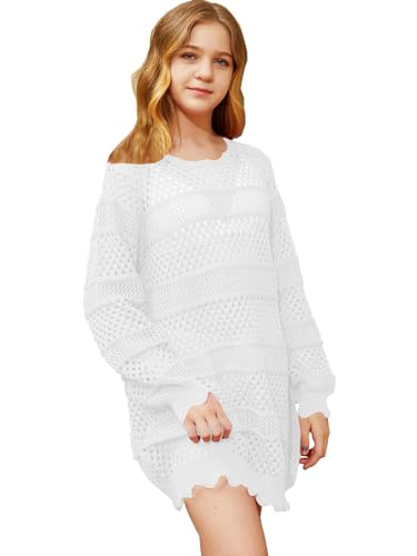 Girls Long Sleeve Swim Coverups Kids Fashion Crochet Beach Dress 5-14 Years3