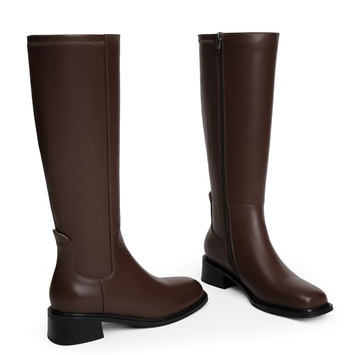 Image of QIY Knee High Boots for Women Low Heel Flat Tall Boots | Stretch Boots, Chunky Heel Womens Boots, Square Toe Heeled Fall Winter Dress Riding Long Boot with Side Zipper