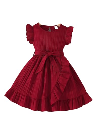Image of Baby Girls Designer Dress | Pleated A-Line Dress with Ruffle Sleeves & Waist Tie | Birthday