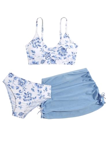 Image of WDIRARA Girl's Floral Print 3 Pieces Beach Bikini Swimsuit with Drawstring Ruched Skirt