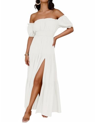 ZESICA Womens Boho Off Shoulder Wedding Guest Dress 2026 Summer Side Split Flowy A Line Long Maxi Dresses with Pockets White Small