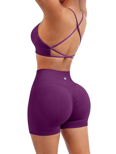 Image of SUUKSESS Women Seamless Workout Sets Strappy Sports Bra High Waist Booty Shorts Outfits