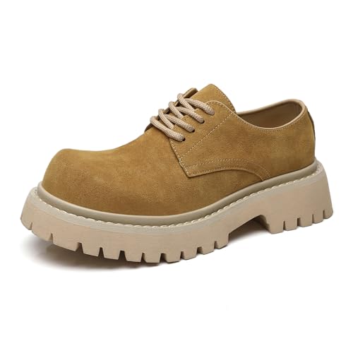Men's Suede Platform Chunky Heel Oxford Shoes Classic Lace Up Round Toe Non-Slip Lug Sole Block Heel Dress Derby Shoes for Business Work Wedding Party