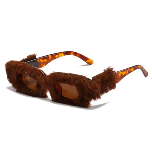 Lunettes de soleil rectangle marron thé léopard avec monture peluche douce