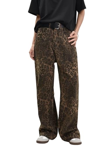 LONGBIDA Leopard Print Y2K Pants Womens Baggy Wide Leg Jeans with Pockets High Waisted
