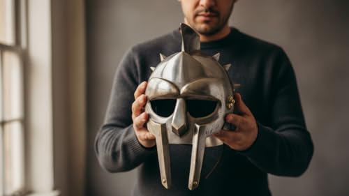 Image of THOR INSTRUMENTS Medieval Gladiator Maximus Helmet with Liner, Steel Roman Warrior Armor Helmet for Halloween Costume, Cosplay, LARP, Reenactment, Rustic Vintage Home & Office Decor Gift