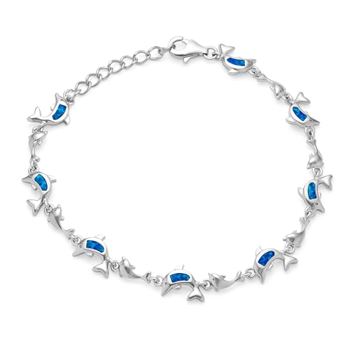 Gemstone Created Blue Opal Inlay Nautical Ocean Marine Hawaiian Vacation Sea Life Mother Dolphins Stud Earrings Bracelet Dangle Pendant Necklace For Women Teen .925 Sterling Silver