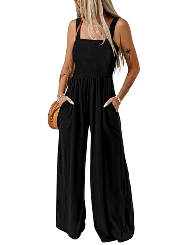 Dokotoo Jumpsuit Damen Sommer Latzhose Casual Lose Overall Leicht Lang Romper Weites Bein Hose Playsuit mit Taschen, schwarz, L