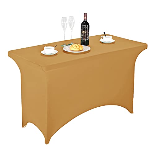 Image of FORLIFE Spandex Table Covers,Fitted Tablecloth for Rectangular Tables, Stretch Patio Table Covers, Universal Spandex Table Cover for Wedding, Banquet, Party (4ft, Gold)