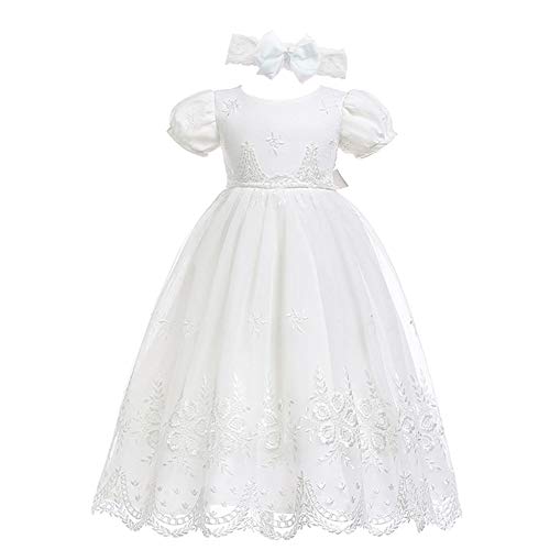 Glamulice Baby-Girls Newborn Satin Christening Baptism Floral Embroidered Dress Baptism for Baby Girls Christening Baptismal Gown Baptism Outfits 15-18 Months White Dress & Handmade Headband