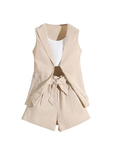 Image of SweatyRocks Girl's Two Piece Outfits Lapel Collar Sleeveless Vest Jacket and Belted Wide Leg Shorts Set